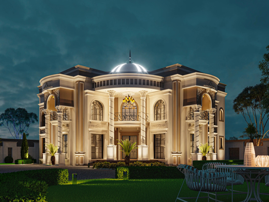 Illuminated neoclassical villa with dome, columns, and landscaped garden at night