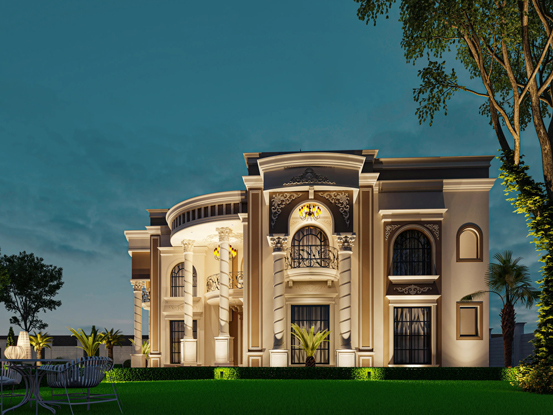 Night view of neoclassical villa's ornate front facade, illuminated with detailed columns and landscaped garden