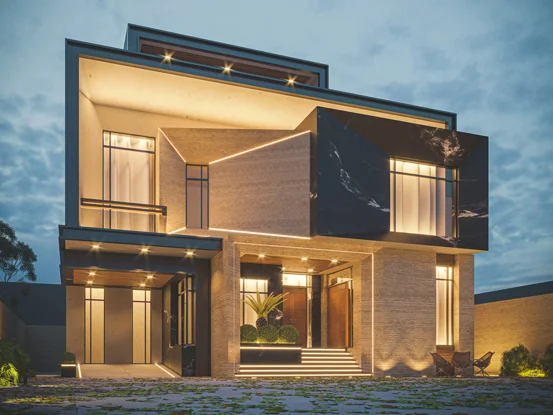 Contemporary Luxury Villa Dubai with cantilevered upper floor, large windows, stone cladding and warm linear LED lighting
