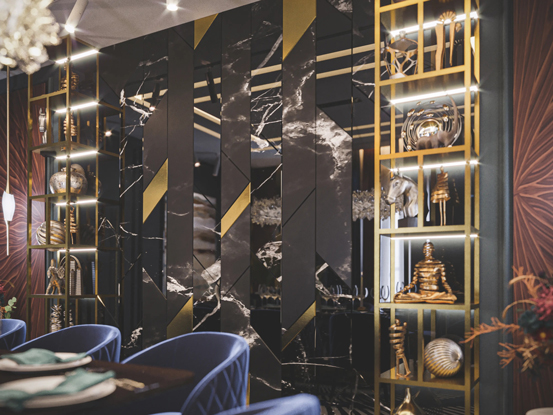 Luxury Dining Room Interior Abu Dhabi with black marble wall, gold inlays, lit brass shelves and blue quilted dining chairs