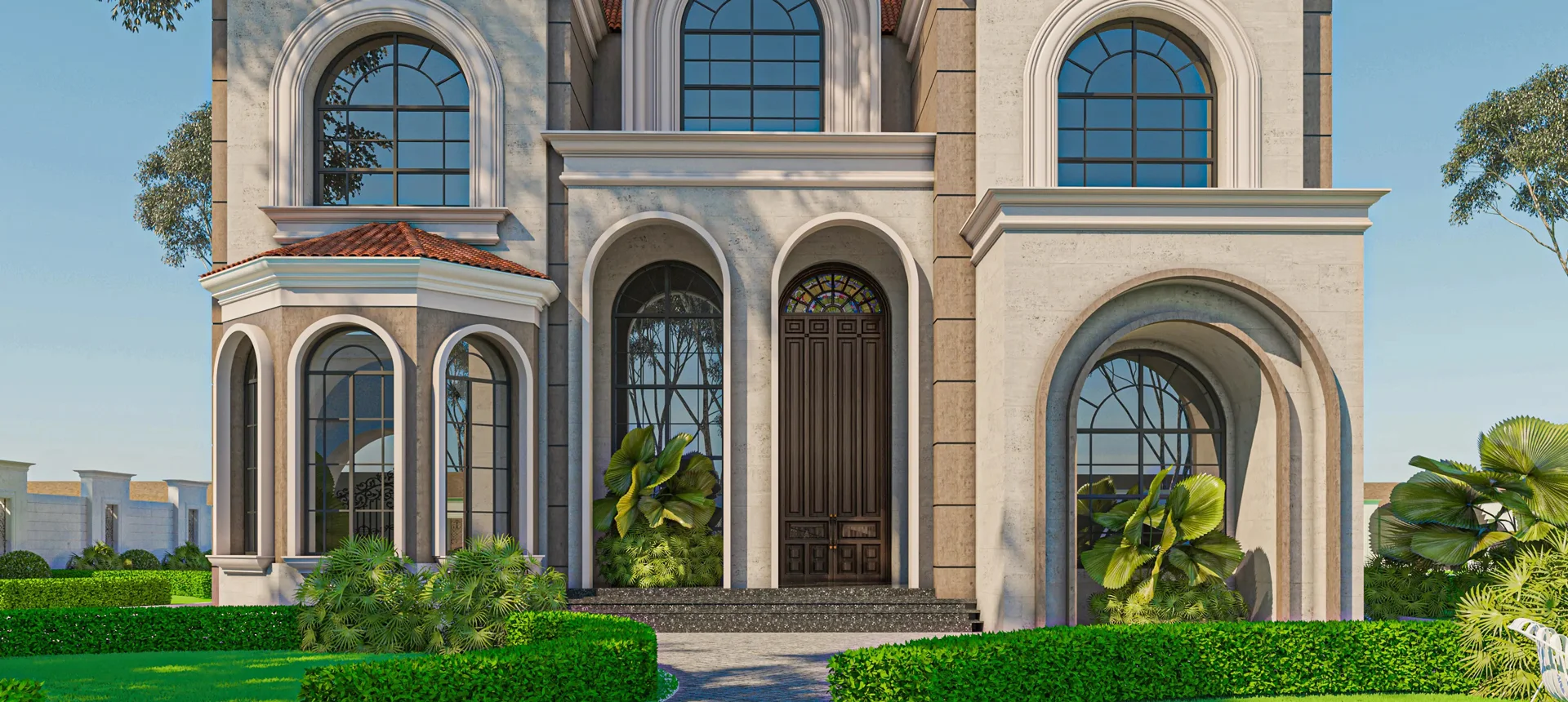Luxury Neoclassical Villa Abu Dhabi highlighting grand entry with triple arches, tall arched windows, and manicured hedges
