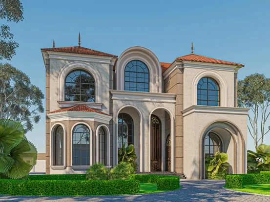 Luxury Neoclassical Villa Abu Dhabi with two‑story facade, triple arches, arched windows, and manicured hedges