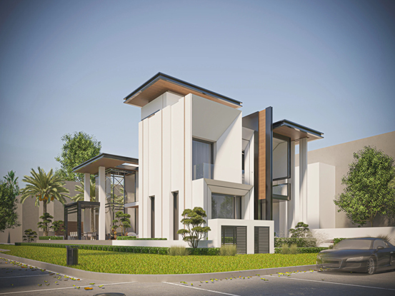 Modern luxury villa in Sharjah featuring clean lines, large windows, and well-maintained landscaping under clear daylight