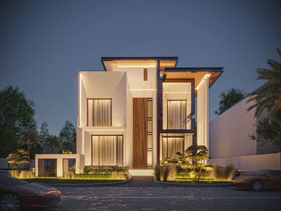 Modern luxury villa in Sharjah at dusk with illuminated exterior and sleek architectural design