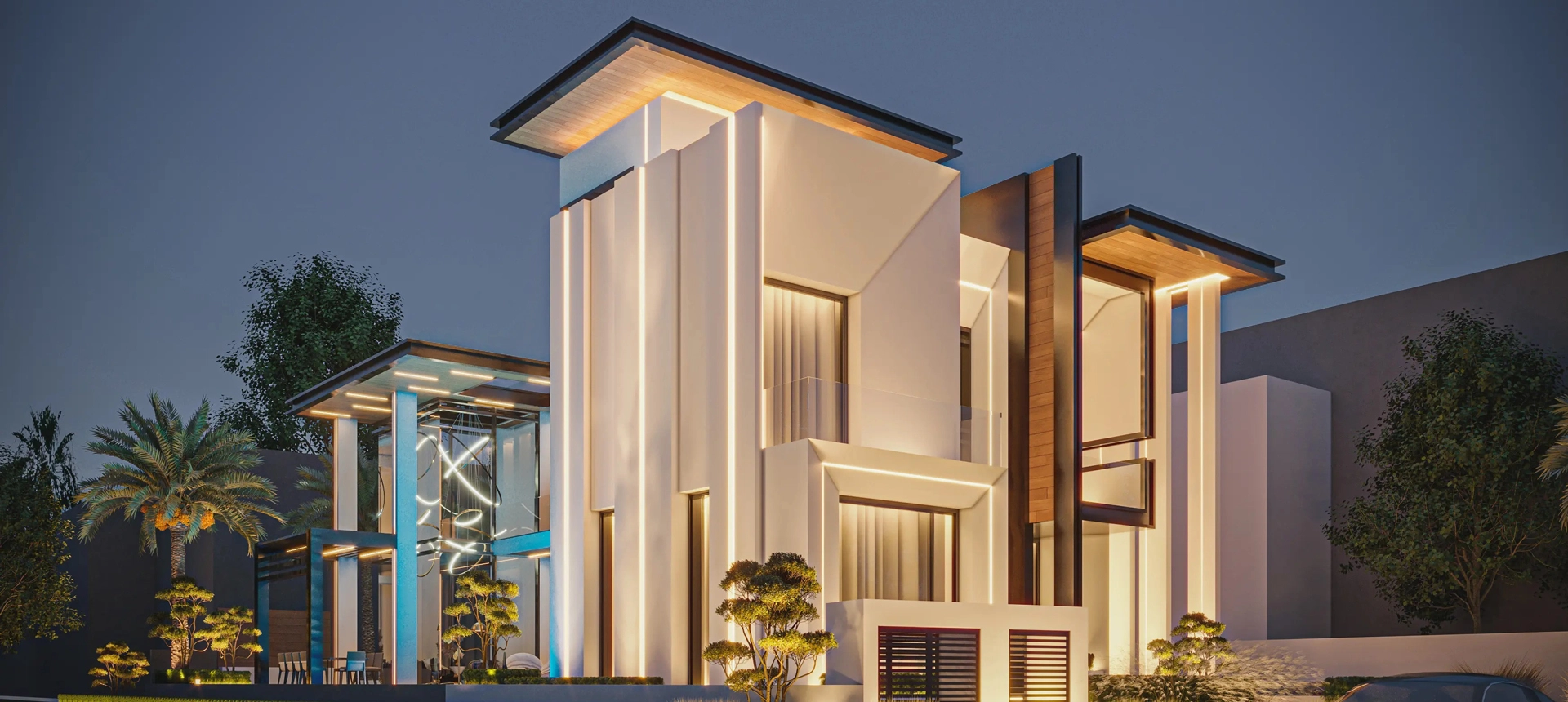 Modern luxury villa in Sharjah illuminated at night showcasing striking architectural design and elegant outdoor lighting