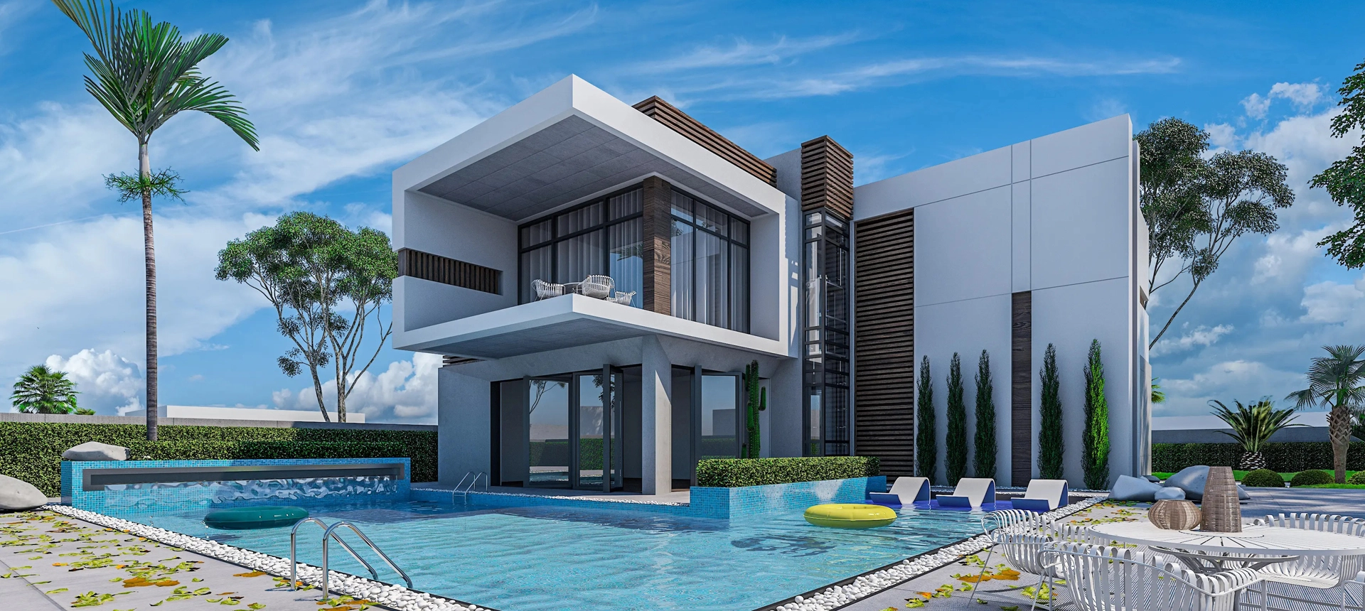 Modern luxury villa Sharjah with poolside seating